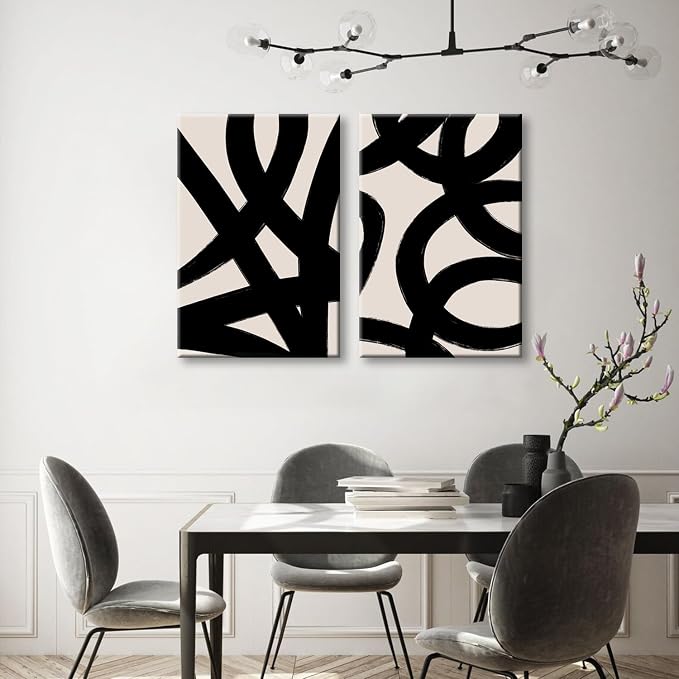 Framed Abstract Wall Art Canvas Set Lines Pictures Modern Mid Century Boho Wall Decor Minimalist Abstract Black Stroke Lines Canvas Painting Artwork Living Room Bedroom Home Office 12"x16"x2