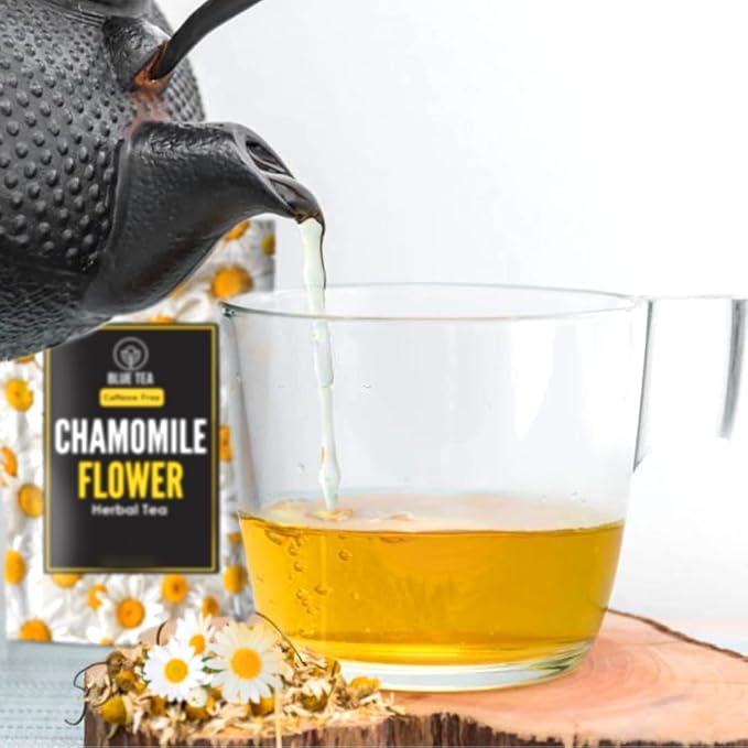 BLUE TEA - Chamomile Tea - 3.52 Oz (100+ Cups) Loose | Get a good Sleep - Relaxation - Stress Relief | Herbal Tea - Caffeine Free - Flower Based - Non-Bitter - Night Time Tea | Reusable Pet Jar