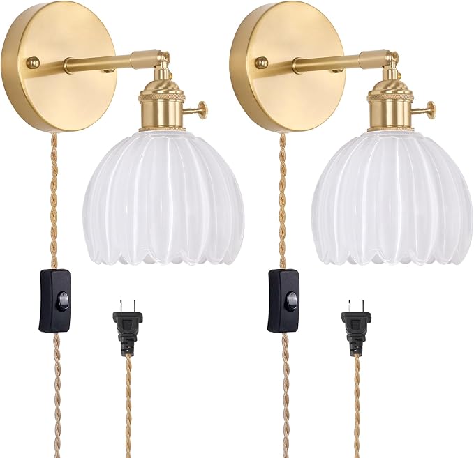 Shenmoyl Plug in Wall Sconce, White Tulip Glass Lampshade Wall Light Plugin Corded for Bedside Bedroom Doorway, 2 Pack