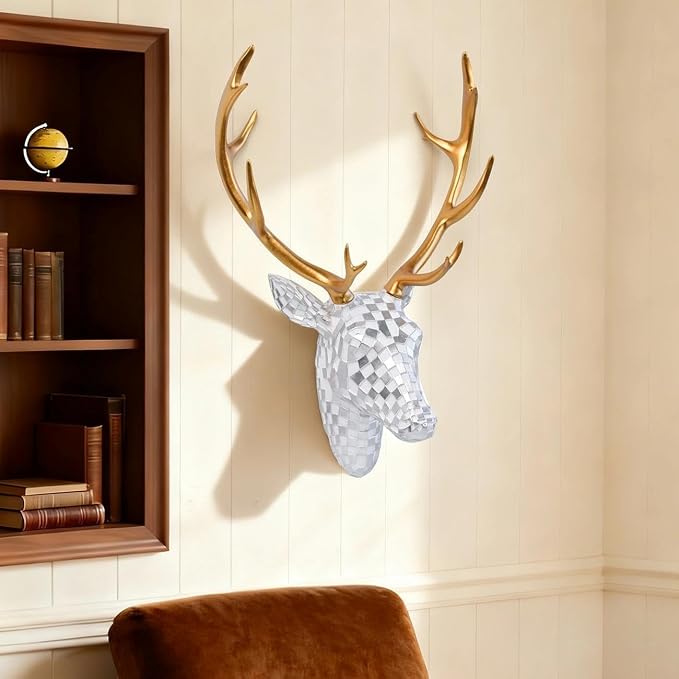 GIGICICI Mosaic Deer Head Wall Decor 15.7x8.7 Inch, Artistic Faux Resin Animal Head Wall Sculpture Hanging for Living Room Bedroom Kitchen Office, White-Silver Gift