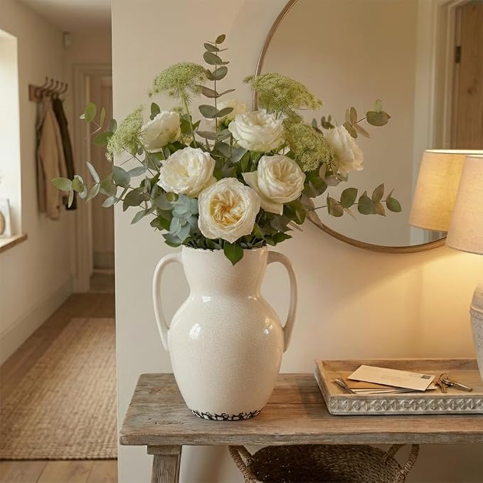 Emotionally Grounded Vase, Vaseking Large Ceramic Rustic Vase with 2 Handles, 8.3 inch Minimalist Decorative Farmhouse Vases for Home Decor, Living Room, Enterway, Table Decoration, Ice Cracked White