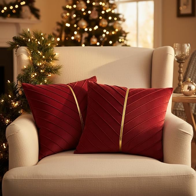 Velvet Throw Pillow Covers 18x18 inch Pack of 2 Gold Decor Red | Soft Solid Pillow Covers,Modern Luxury Xmas Decor,for Couch Chair Sofa Bedroom Livingroom,Hidden Zipper,Ideal Gift,Easy Care