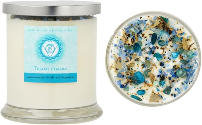 Throat Chakra Candle by New Moon Beginnings - Chakra Candles - Dried Flower, Herb, & Crystal Candles - Aromatherapy Candles - Soy Candle - 12oz Glass Jar