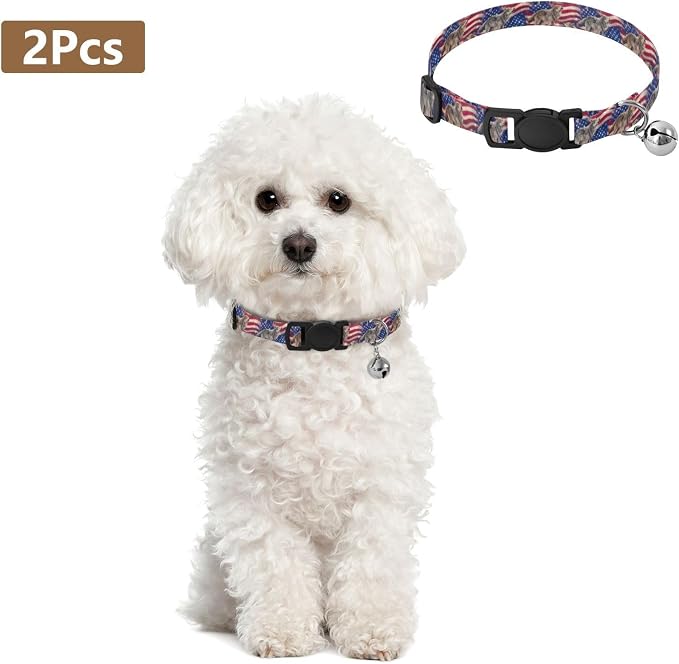 Wolves American Flag Blue Cat Collar 2 Pack Soft Polyester Pet Collar Adjustable 10.6 to 17.1 Inches