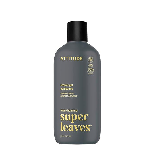 ATTITUDE Shower Gel Body Wash for Men, 98% Natural Origin Ingredients, Paraben & Phthalate Free, EWG Verified, Cleanses Without Drying, Amber & Citrus, 14 Fl Oz