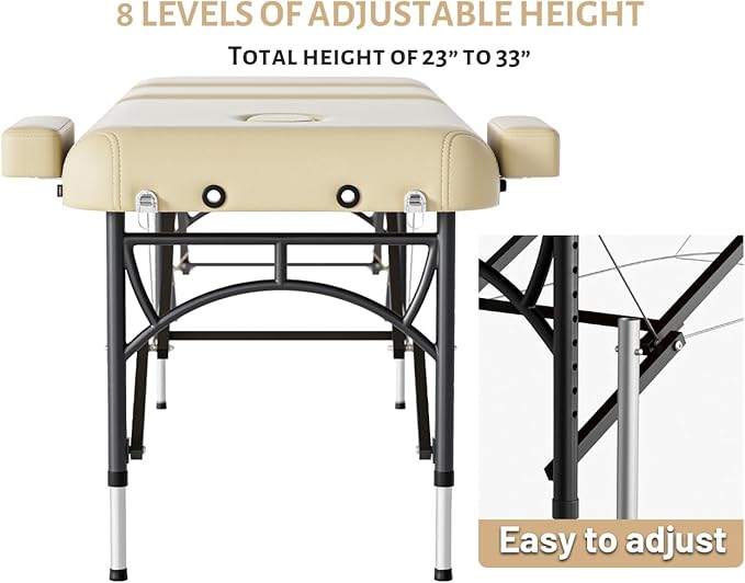 Professional Massage Table Portable 3 Fold Premium Memory Foam Aluminium Leg Hold Up to 1100LBS 8 Heights Adjustable with Carrying Bag Cream