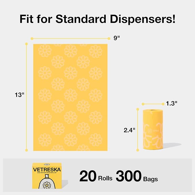 VETRESKA Daisy Scented Dog Poop Bags, 300 Counts, Leak-proof | Extra Thick and Large Pet Waste Bags for Dog Walking and Cat Litter, 20 Refill Rolls