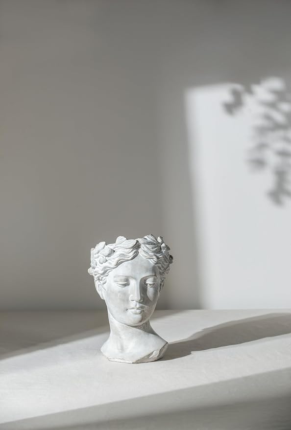 Greek Style Cement Head Vase: Modern Art Sculptural Planter for Indoor Decor - Gallery Exhibition Floral Display with Industrial Elements for Art Collectors & Interior Designers
