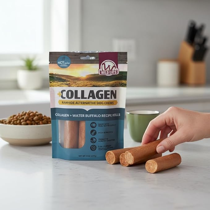 Wild Eats Water Buffalo Collagen Cheek Rolls 5" Chew 4pk Pig Ear Substitute | Long lasting treats and bones for medium dogs, retriever style texture, 4 per bag, satisfies natural gnawing urges daily