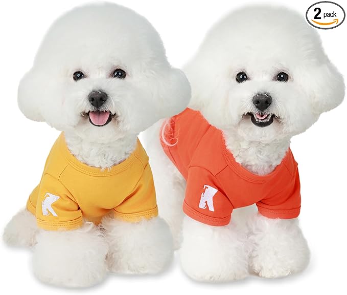 Koneseve Dog Shirts Soft Plain Solid T-Shirt Stretchy - Yellow & Orange S | 2-Pack Breathable Cotton Clothes for Small Dogs & Cats, Easy Tee Pull-On, All-Season Cozy Daily Wear & Outdoor Free Moves