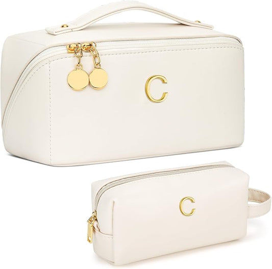 KKXIU Initial Makeup Bag for Women - Personalized Makeup Bag Gifts for Women, Travel Toiletry Bag with PU Leather, Open Flat Design with Top Handle, Cosmetic Bag Set with Multi-Pocket (Beige,C)