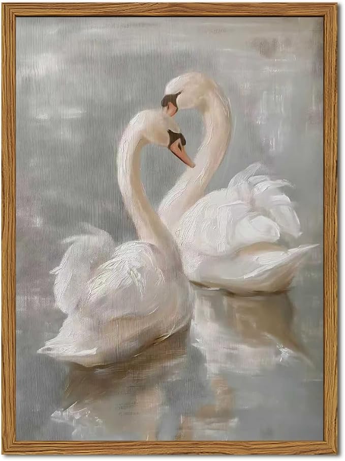 Framed Vintage Swan Canvas Wall Art, Romantic White Swan Paintings Wall Decor, Rustic Animal Pictures Prints Farmhouse Home Decor for Living Room Bedroom 12x16 inch