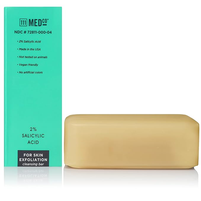 111MedCo 2% Salicylic Acid Exfoliating Acne Cleansing Bar, Medicated Face & Body Soap for Breakouts, Rough Bumpy Texture and Dull‑Looking Skin, Helps Smooth and Clear Pores, 4 oz