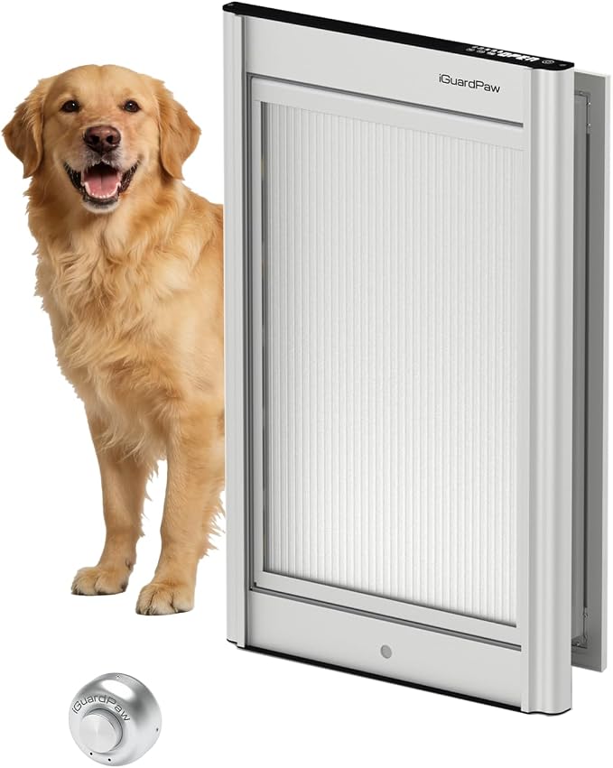Automatic Dog Door, Aluminum Electronic Pet Door with Collar Sensor, Energy-Efficient Insulated for Interior/Exterior Doors, Featuring Secure Lock & Anti-Pinch Design-(Silver-Large)