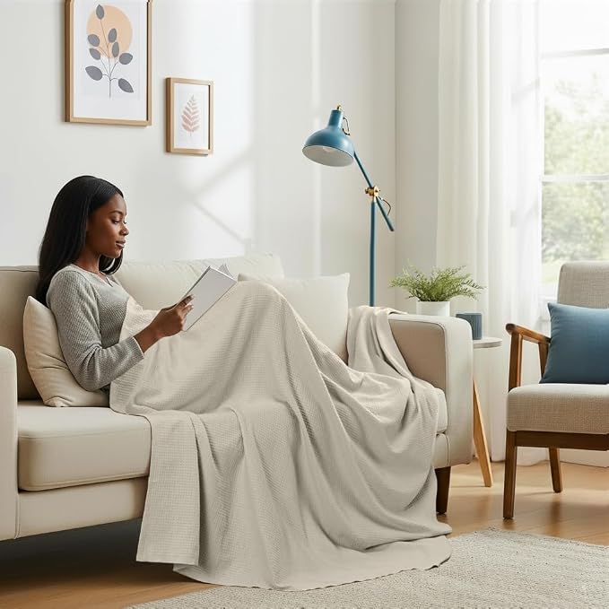 Utopia Bedding Cotton Blend Khaki Waffle Blanket Twin - 90x66 Inches | Lightweight, Skin Friendly, Breathable, All Season, Luxury, Bed, Couch, Sofa