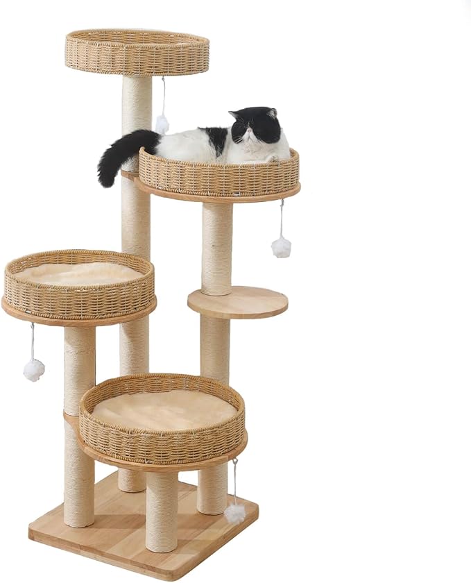 54in Solid Wood Cat Tree for Indoor Cats, Modern Tall Cat Tower | Multi-levels Cat Condo, with Scratching Post, with 4 Handwoven Rattan Cat Bed, for Large Cat, Easy to Clean