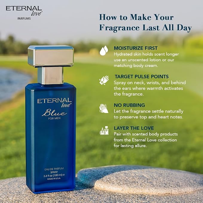Eternal Love Blue for Men - Long Lasting Eau de Parfum Spray - Fresh Marine Scent with Musk & Warm Woods- Light and Breezy Fragrance - 3.4oz