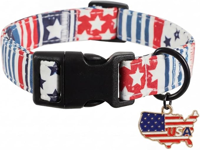American Flag Dog Collar for Boys Dog, Patriotic Dog Collar with Star & Stripes Pattern, Adjustable Male Collar with Map Charm for 4th of July Occasion & Daily Walking, Fits Meidum Size Dogs