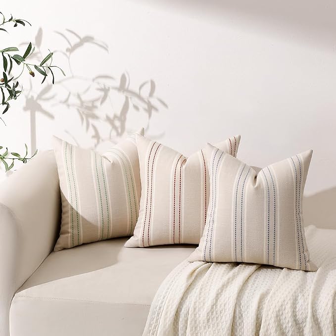 Hckot Stripe Throw Pillow Covers 18x18 Set of 2 Light Green Pillow Covers | Farmhouse Decorative Pillows Textured Linen Square Cushion Covers for Sofa Couch Bed Living Room Decor