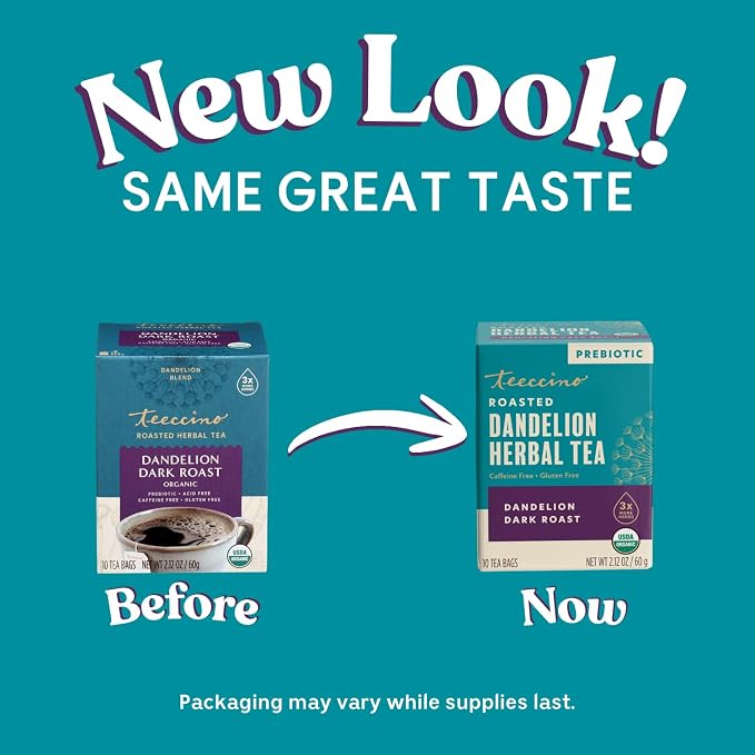 Teeccino Dandelion Tea – Dark Roast – Rich & Roasted Herbal Tea That’s Caffeine Free & Prebiotic with Detoxifying Dandelion Root, 10 Tea Bags (Pack of 4)