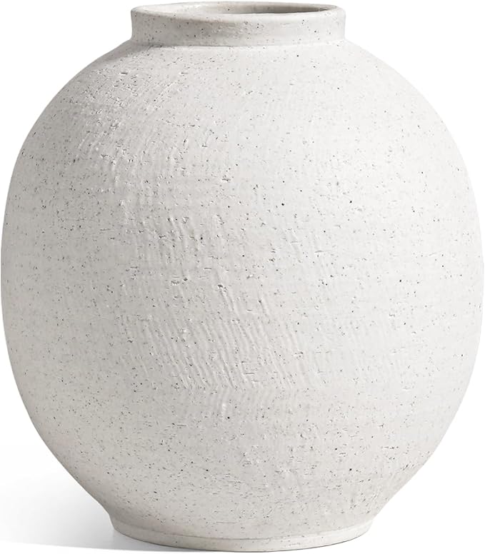 Small White Ceramic Vase - 6.3 Inch Rustic Farmhouse Flower Vase for Home Decor, Minimalist Vases for Living Room, Table, Bathroom, Holiday & Weddings (Sandstone White)