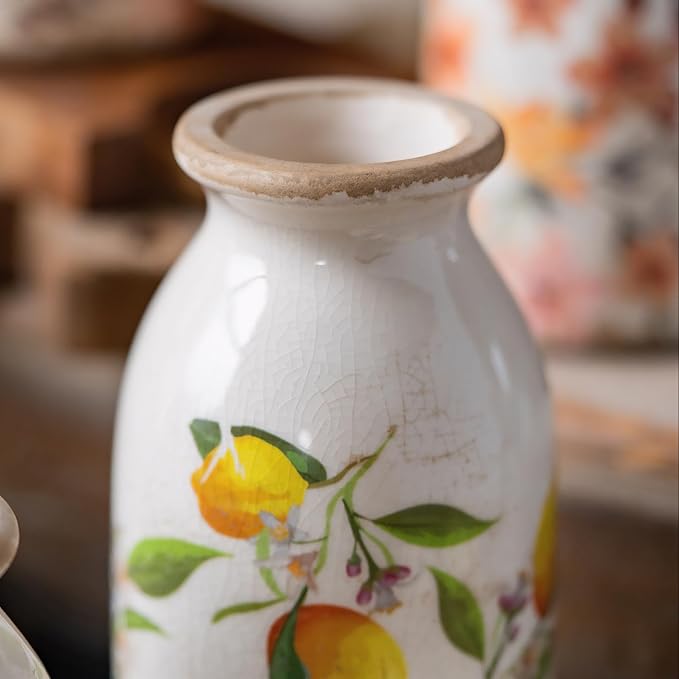 Teweiqi Vintage Vase Set of 3, Ceramic Flower Vases Decor, Rustic Farmhouse Vases Retro Decorative Vases, for Home Living Room Kitchen Table Mantle Shelf Decor - Lemon