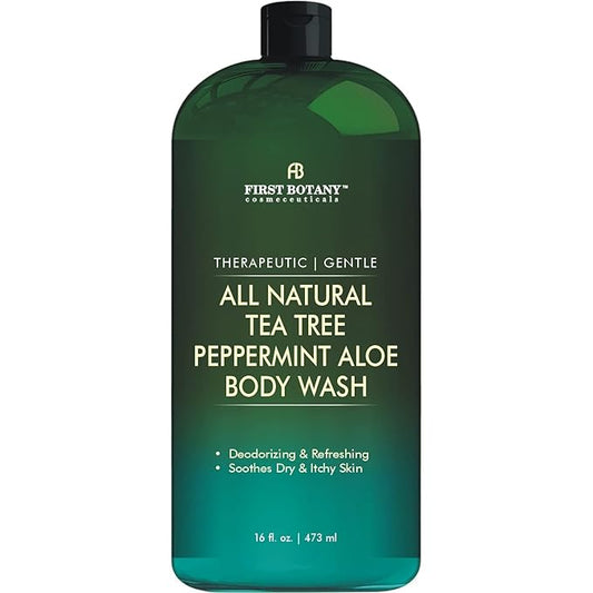First Botany, ALL Natural Body Wash - Fights Body Odor, Athletes Foot, Jock Itch, Nail Issues, Dandruff, Acne, Eczema, Shower Gel for Women & Men, Skin Cleanser -16 fl oz (Tea Tree Mint)