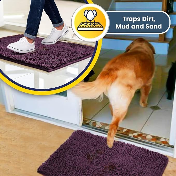 Muddy Mat® | Super Water Absorbent Door Mat Indoor, Microfiber Quick Dry Chenille Entryway Rug, Slip Resistant Front Door Mat, Indoor Mats for Entryway, Machine Washable Pet Rug, Dark Purple 48"x72"