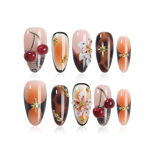 Handmade Press On Nails Almond, Luxury French Tips with Leopard Print, 3D Cherry & Flowers Rhinestones Design Short Fake Nails, Salon-Quality Reusable, Fall/Winter Gift, 10pcs