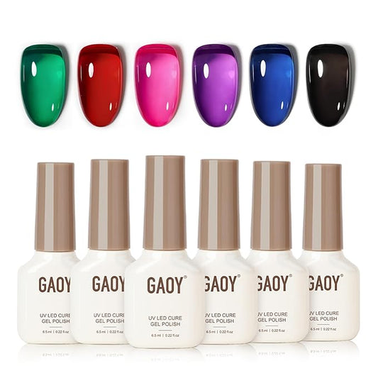 GAOY Jelly Red Black Gel Nail Polish Set, 6 Transparent Colors Green Blue Pink, UV Light Cure Gel Polish Kit for Nail Art DIY at Home