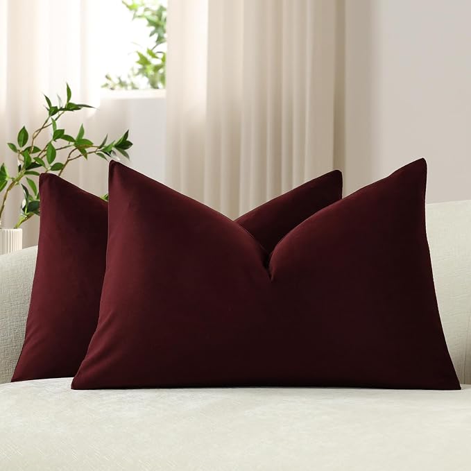 Lumbar Pillow Covers 12x20 Burgundy: Pack of 2 Cozy Soft Velvet Rectangular Modern Luxury Decorative Throw Pillow Cases for Sofa Couch Living Room Bed Home Decor
