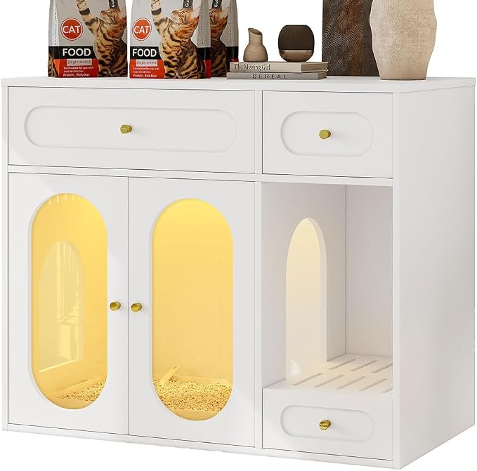 Hidden Cat Litter Box Enclosure Furniture with LED Light, Modern Litter Box Cabinet with Drawers & Acrylic Door, Multi-Entry Cat House Sideboard for Living Room, 37.4"W x 15.6"D x 31.5"H,White