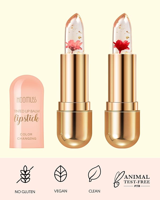 Tinted Lip Balm Flower Lipstick Tinted Lip Gloss Long Lasting PH Lipsticks Color Changing Lipstick Natural Chapstick Glitter Pink Lip Stick, Red Flower