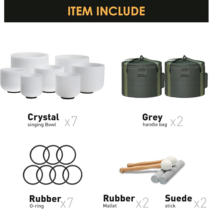 432HZ 6-12 Inch Crystal Singing Bowl Set of 7 with 2 Pcs Green Heavy Carrying Case bag, Frosted Quartz Crystal Sound Healing bowls for Chakra, Meditation, Sound Therapy