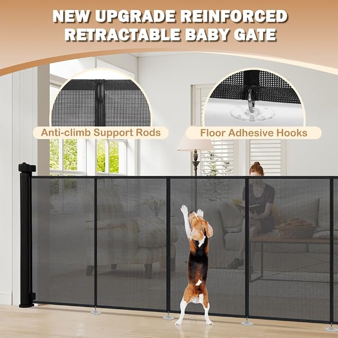 SMONTER Extra Wide Retractable Dog Gates, Mesh Baby Gate with Support Rods Extend to 118" Wide 33" Tall, Portable Safety Retractable Gate for Stairs, Indoor/Outdoor, Black