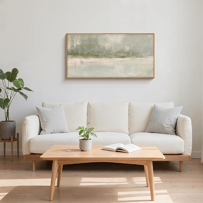 FWIEXA Grey Green Abstract Canvas Wall Art, Neutral Landscape Framed Prints, Modern Lake Scenery Paintings, Beige 20x40In Watercolor Artwork Poster for Farmhouse, Living Room, Bedroom, Office