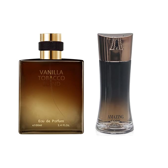 AFLUXE 2PCS Mens Perfume Cologne Long Last Strong EDP Natural Spray Gift Set, with Cocoa, Dried Fruits, Woody Fragrance for Daliy Use, 3.4 Fl Oz / 100 mL Each (Amazing Code Gold & Vanilla Tobacco)
