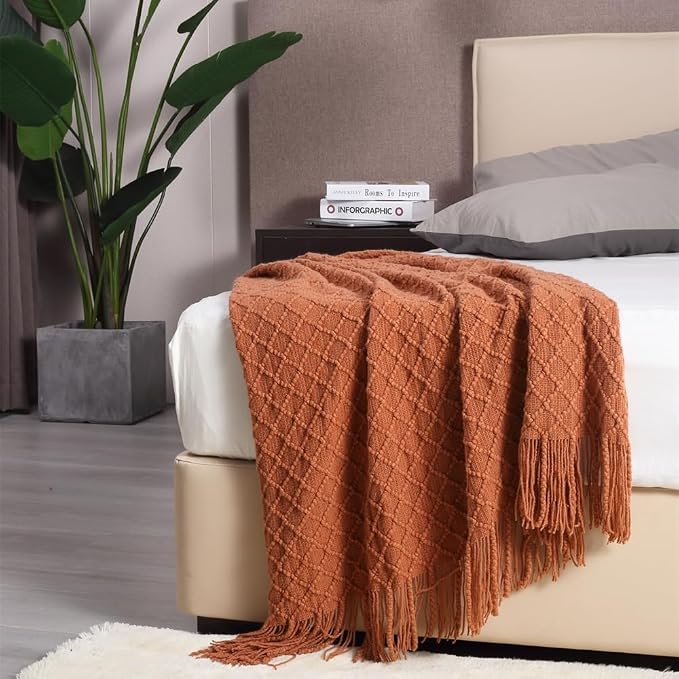 CREVENT Farmhouse Boho Knitted Throw Blanket for Couch Sofa Chair Bed Home Decoration, Soft Warm Cozy Light Weight for Spring Summer Fall (60''X80'' Caramel)