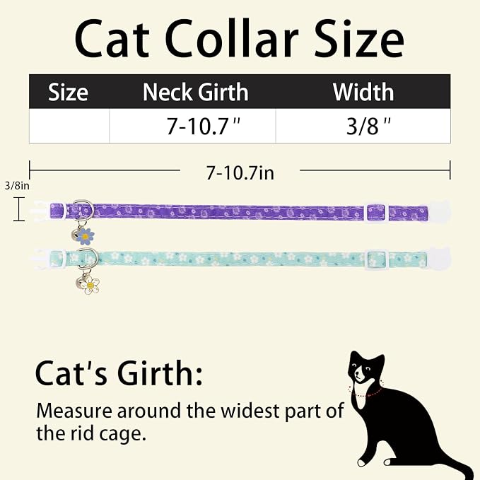Cat Collars for Girl Cats & Boys, 2 Pack Soft Cotton Breakaway Collar with Removable Bell and Cute Charms, Adjustable Safety Pet Necklace, Flower