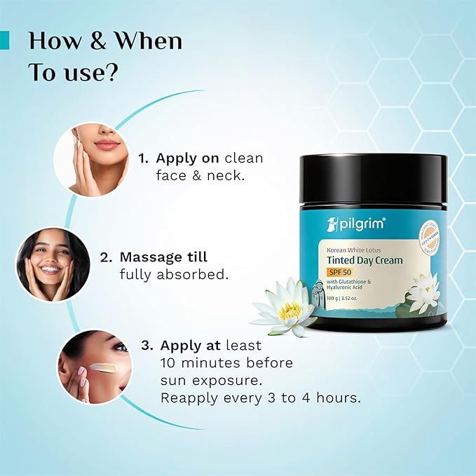 Pilgrim Korean White Lotus Day Cream SPF 50 (PA+++) | Infused with Camellia & Yugdugu | Reduces Wrinkles | Fights Dark Spots & Provides Healthy Skin Protection | 3.52 Oz/100gm