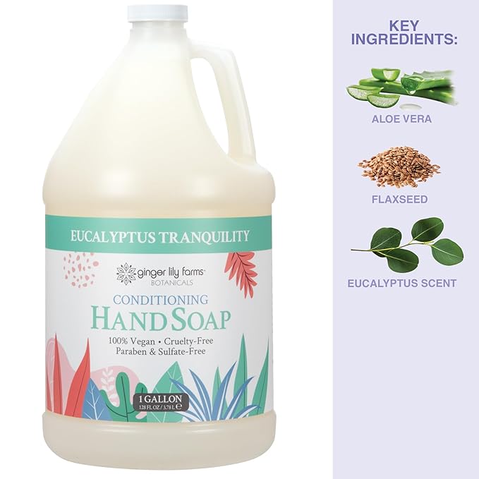 Ginger Lily Farms Botanicals Conditioning Liquid Hand Soap Refill, Eucalyptus Tranquility, 100% Vegan & Cruelty-Free, 1 Gallon (Pack of 4)