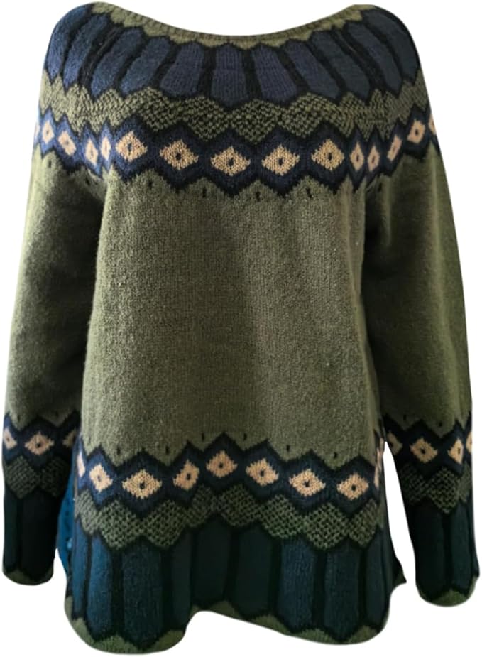 Zhyaj Fair Isle Sweater for Womens Winter Long Sleeve Vintage Knitted Sweater Casual Fall Crew Neck Pullover Sweaters