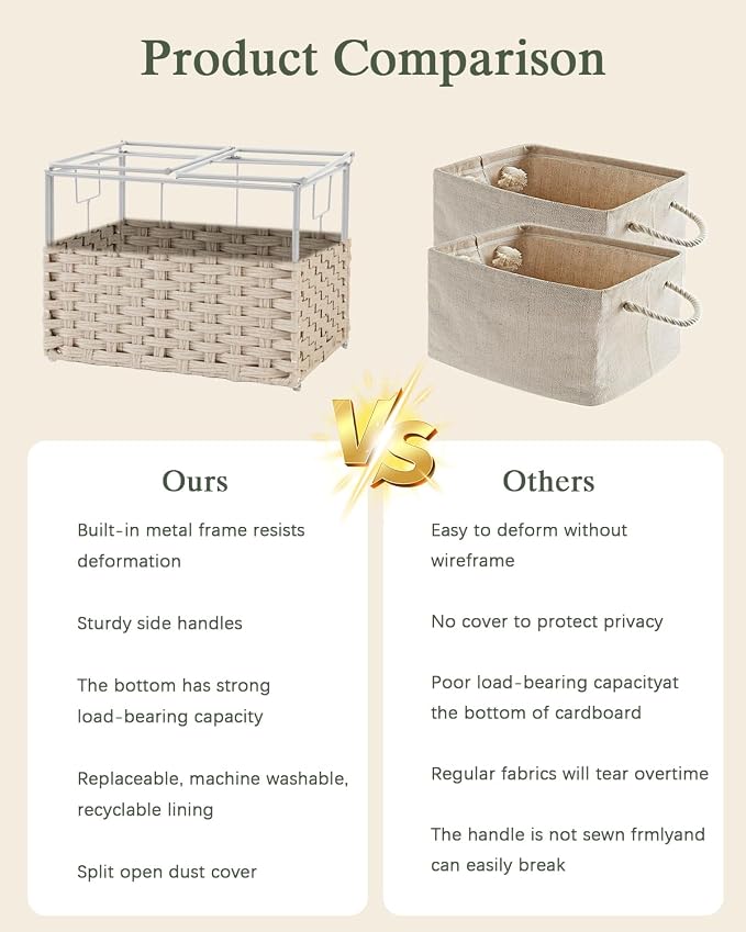 SETVSON Storage Basket with Lid, 2-Lid PE Rattan Storage Bin, Light Khaki | Dual Lid Small Items & Accessories Organizer, Divided Sock & Underwear Bin, 2 Washable Liner Bags, Small Collapsible Trunk