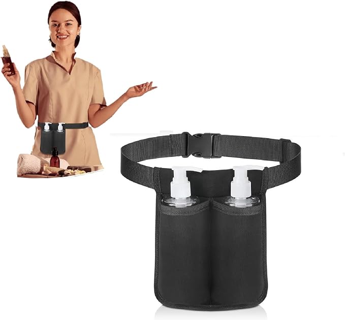 Massage Bottle Bag, Professional Massage Oil Holster for 2 Bottle with Adjustable Belt, Lotion Oil Waist Holder Organizer Massage Lotion Holster for Massage Therapist Gifts
