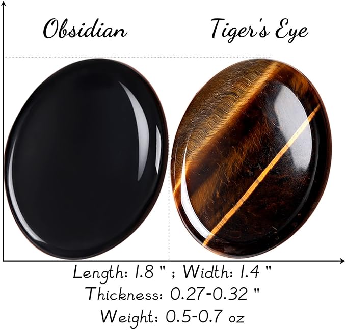 QINJIEJIE 2PCS Thumb Worry Stone for Anxiety Tiger's Eye Obsidian Healing Crystals Hand Carved Stones Oval Pocket Gemstones Sets Meditation Crystal Reiki Relax Stone Anxiety Relief Items