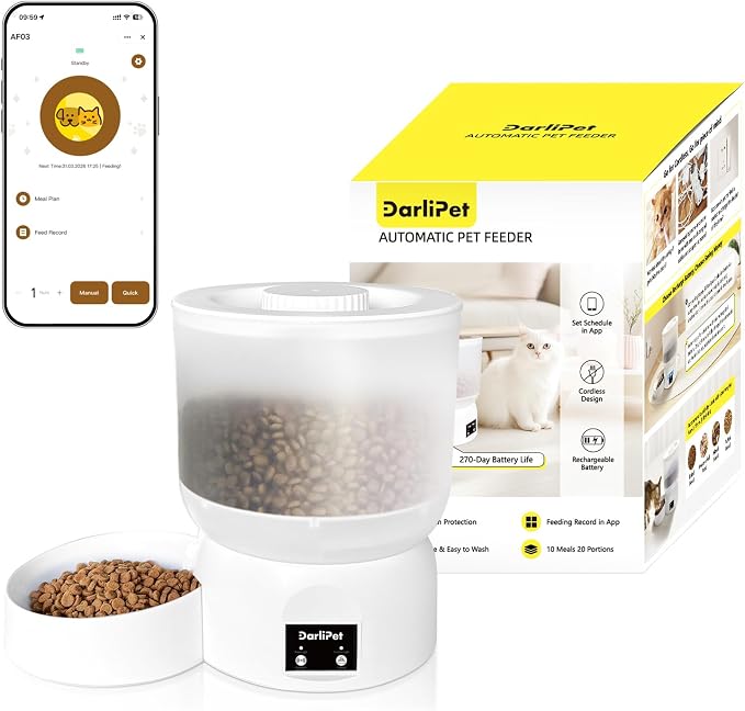 Automatic Cat Feeder with 270-Day Battery Life, Rechargeable Auto Cat Feeder with Slow Feed Mode & Very Quiet Dispensing, 2.5L Bluetooth Small cat Food Dispenser for Cats & Small Dogs