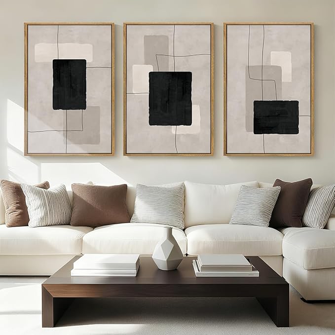 ANHUIB Modern Abstract Wall Art Canvas,Neutral Abstract Wall Art Framed,Contemporary Minimalist Prints,Geometric Line Artwork,3 Piece 24 * 36IN Mid Century Painting for Living Room Bedroom Office