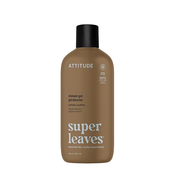 ATTITUDE Body Wash with Essential Oils, Moisturizing Shower Gel, Gentle Daily Cleanser, EWG Verified, Vegan Clean Beauty Skin Care, Sage & Rosemary, 15 Fl Oz