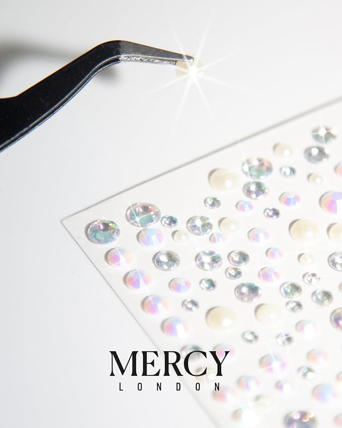MERCY LONDON Face Gems in Pearl, 866 Self Adhesive Makeup Stickers, 4 Sheets, Reusable Eye Jewels, DIY, Mermaid, Icy, Ghost