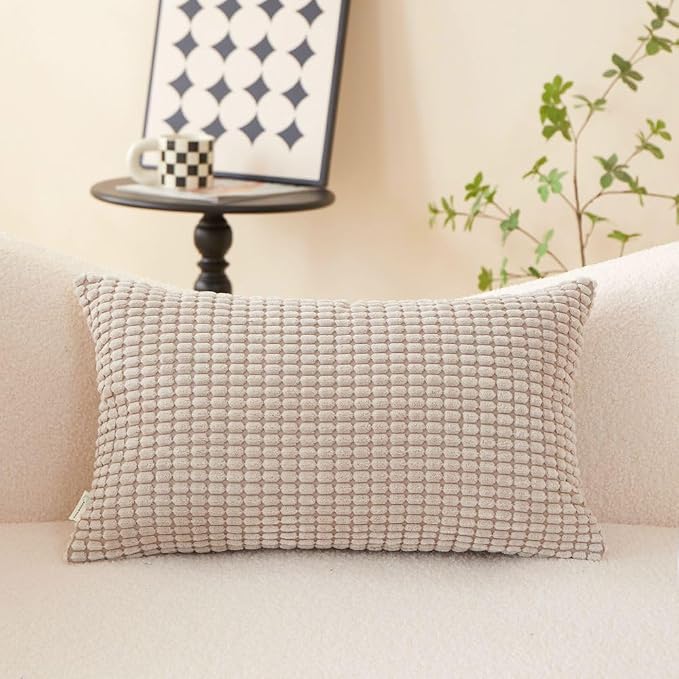 Pack of 2 Size bundel Polyester Blend Soft Hand Feeling Throw Pillows (with Insert) Size 18"x18" and 12"x20" one of Each (Beige)